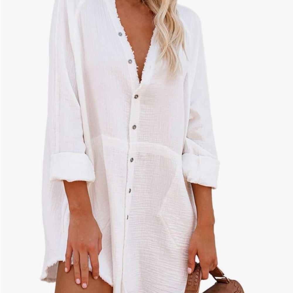 Women's White Button-Up Gauze Tunic Button Down, Swim Cover Up